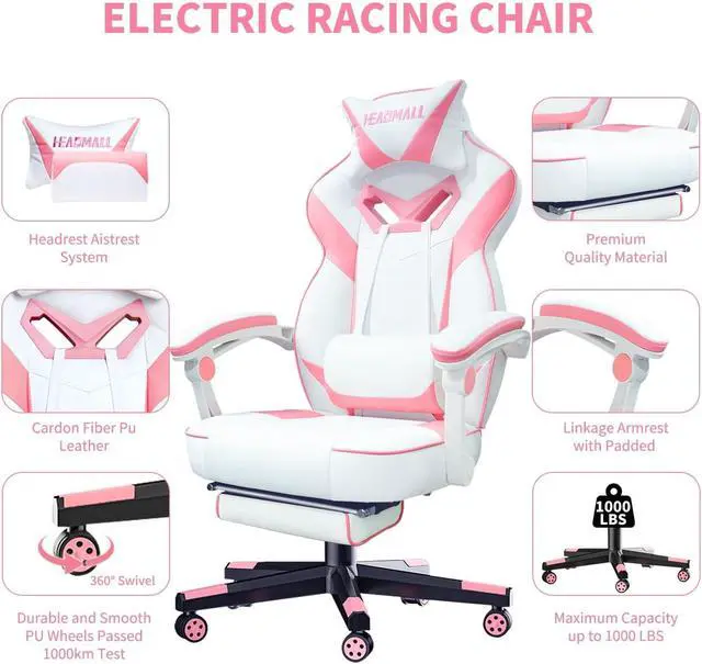 Alt view image 4 of 6 - Pink Gaming Chair with Footrest Ergonomic Oversized Manufactured by Listed Company,Video Game Chairs with Lumbar and Head Pillow, for Adults Teens Secret Lab Pink&White