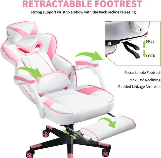 Alt view image 6 of 6 - Pink Gaming Chair with Footrest Ergonomic Oversized Manufactured by Listed Company,Video Game Chairs with Lumbar and Head Pillow, for Adults Teens Secret Lab Pink&White