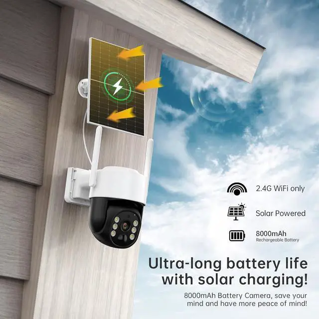 Alt view image 3 of 7 - Solar Security Cameras Wireless Outdoor, 2K 360° View Battery Powered Outdoor Camera, Solar Outdoor Camera with PIR Motion Detection,Color Night Vision,2-Way Talk,IP65,Siren Alarm1-Pack