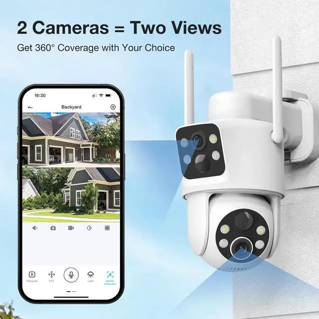Alt view image 2 of 7 - Dual Lens Solar Security Cameras Wireless Outdoor, 2K Full HD Video, 360° View Pan/Tilt Home Security Camera with Color Night Vision, Easy to Install, PIR Alarm, 2.4GHz WiFi
