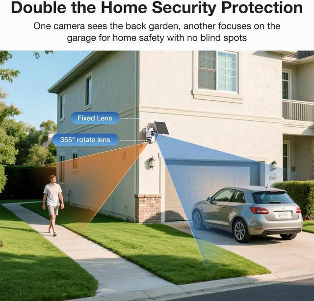 Alt view image 3 of 7 - Dual Lens Solar Security Cameras Wireless Outdoor, 2K Full HD Video, 360° View Pan/Tilt Home Security Camera with Color Night Vision, Easy to Install, PIR Alarm, 2.4GHz WiFi