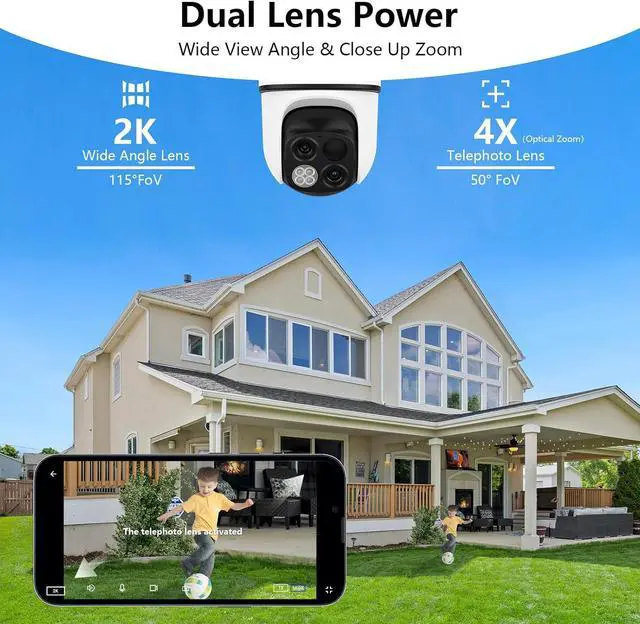 Alt view image 2 of 7 - wansview Security Cameras Wireless Outdoor-2K Dual Lens Home Security Cameras, 360° View, Solar Panel Battery Powered, Color Night Vision, PIR Sensor, IP65 Waterproof, Work with Alexa, B7 2P White