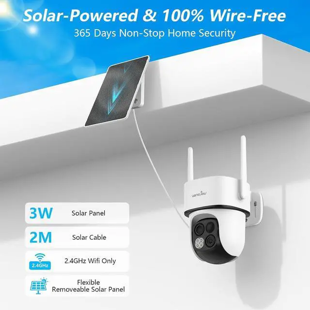 Alt view image 3 of 7 - wansview Security Cameras Wireless Outdoor-2K Dual Lens Home Security Cameras, 360° View, Solar Panel Battery Powered, Color Night Vision, PIR Sensor, IP65 Waterproof, Work with Alexa, B7 2P White
