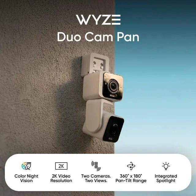 Alt view image 2 of 7 - WYZE Duo Cam Pan Indoor/Outdoor IP65 2K 360° Pan/Tilt Smart Home Security Camera with Color Night Vision, Compatible with Alexa & Google Assistant, White
