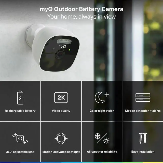 Alt view image 2 of 7 - CHAMBERLAIN myQ Outdoor Battery Camera | 2K Camera, Color Night Vision, Spotlight, Motion Alerts, Live View with Two-Way Talk, Wireless, Weather-Resistant, Outdoor, White, 2 Pack