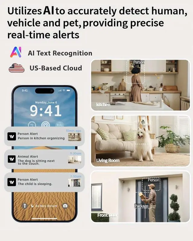 Alt view image 4 of 7 - 2K Cameras for Home Security, 2.4/5GHz Wi-Fi 6 Indoor Camera for Dog/Pet/Nanny/Baby with US Phone App, AI Text Recognition, Smart Search, Color Night Vision,2 Way Talk Mini Cam,Human Detection,2 Packs