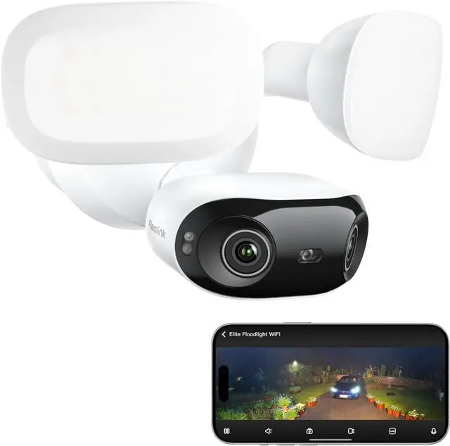 Main image of REOLINK Elite Floodlight WiFi, 4K 8MP 180° Panoramic Wired Floodlight Camera, Adjustable 3000 Lumens, Local AI Video Search, Dual-Band Wi-Fi 6, 24/7 Recording, No Monthly Fees, 100~240V AC Hardwired