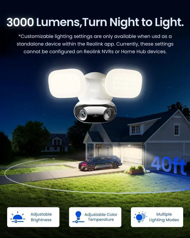 Alt view image 3 of 7 - REOLINK Elite Floodlight WiFi, 4K 8MP 180° Panoramic Wired Floodlight Camera, Adjustable 3000 Lumens, Local AI Video Search, Dual-Band Wi-Fi 6, 24/7 Recording, No Monthly Fees, 100~240V AC Hardwired