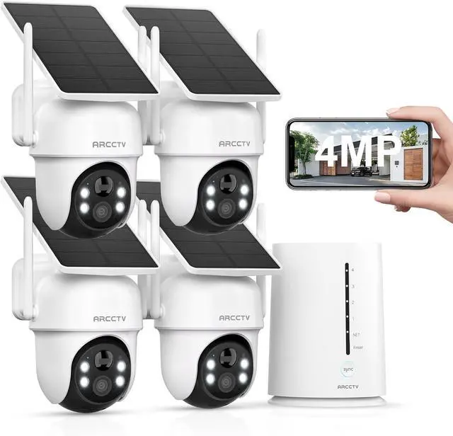 Main image of Security Cameras Wireless Outdoor, 4 Cam-Kit, 4MP Solar Security Camera Wireless System with 360° Pan & Tilt, HD Color Night Vision, Motion Detection, 64GB Memory Card, No Monthly Fee