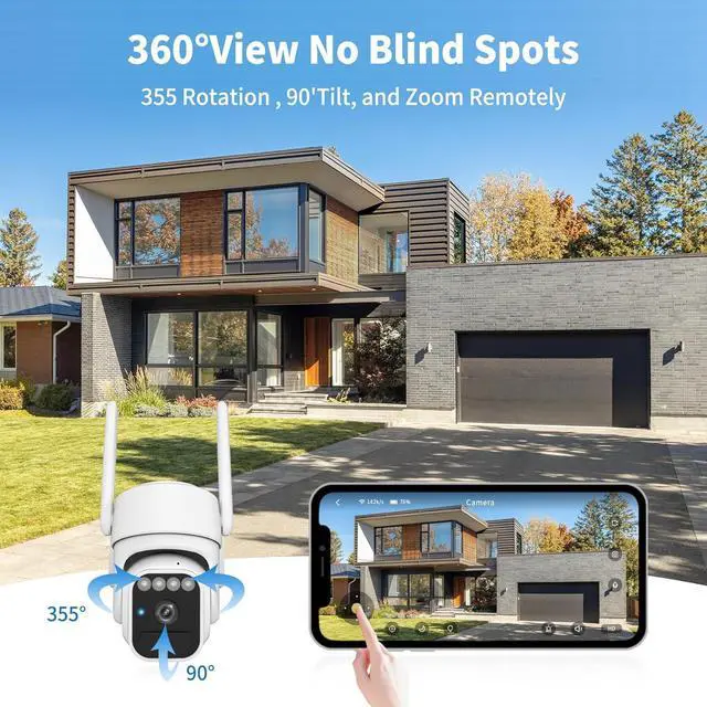 Alt view image 3 of 7 - Solar Camera Outdoor Wireless, WiFi Security Cameras for Home, 360° View, Two-Way Talk, Auto Tracking, Light Alarm, Color Night Vision