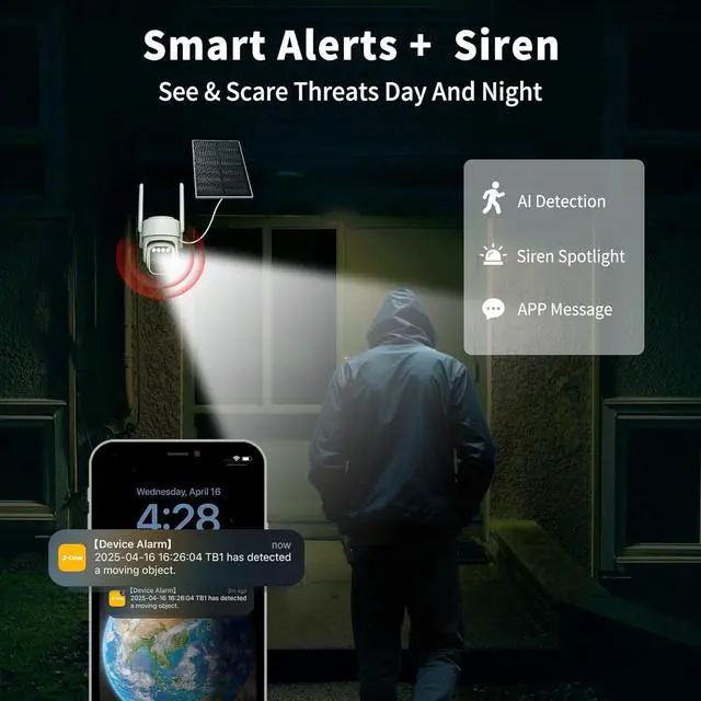 Alt view image 5 of 7 - Solar Camera Outdoor Wireless, WiFi Security Cameras for Home, 360° View, Two-Way Talk, Auto Tracking, Light Alarm, Color Night Vision