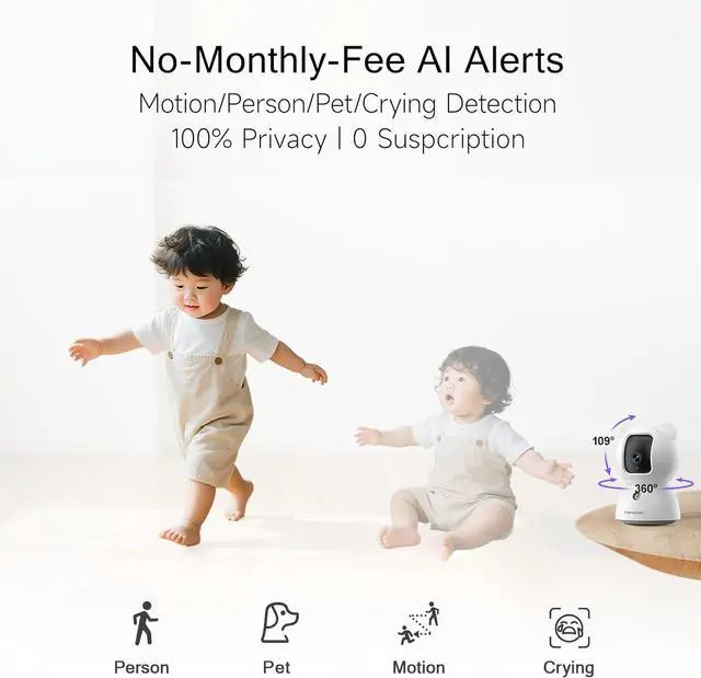 Alt view image 3 of 7 - 2.5K Indoor Camera 2pack, Non-Subscription AI Person/Pet/Cry Detection, 4MP Pet/Dog/Cat/Baby Camera w/Phone App, Pan Tilt 2.4GHz Wi Cameras for Home Security, Night Vision, Full Duplex 2-Way Audio
