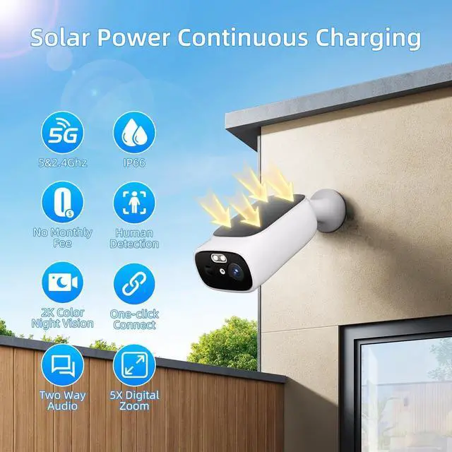 Alt view image 2 of 7 - 2K Solar Camera Outdoor Wireless, 5/2.4Ghz WiFi Cameras for Home Security, AI Motion Detection, Color Night Vision, Two-Way Audio, Waterproof, Work with Alexa/Google Home, No Monthly Fee(2 Camera)