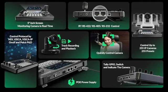 Alt view image 3 of 7 - AVKANS NDI Camera Joystick Controller, 5inch Preview Screen, IP POE PTZ Control Keyboard with 4D-Joystick for Worship Church Live Streaming (PowerJoy)