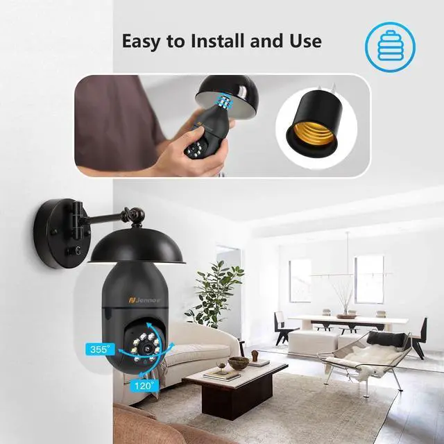 Alt view image 2 of 7 - Jennov 2K Light Bulb Security Camera, Auto-Tracking Security Cameras Wireless Outdoor, 360° PTZ, Dual-Band WiFi (2.4G/5G), AI Human Detection, Indoor/Outdoor, E27 Socket-Powered, Compatible Alexa