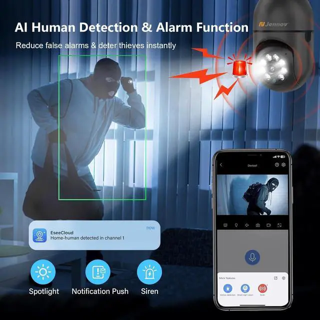 Alt view image 4 of 7 - Jennov 2K Light Bulb Security Camera, Auto-Tracking Security Cameras Wireless Outdoor, 360° PTZ, Dual-Band WiFi (2.4G/5G), AI Human Detection, Indoor/Outdoor, E27 Socket-Powered, Compatible Alexa