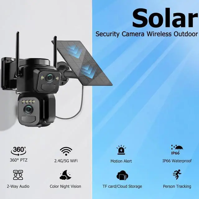 Alt view image 2 of 7 - Uniter Dual Lens Solar Security Cameras Wireless Outdoor,5G/2.4G WiFi 6, Panoramic & Tracking Cam 2-in-1, 6MP Color Night Vision/Motion Detection/Person Tracking/Spotlight Siren/PTZ/2-Way Audio(2Pack)