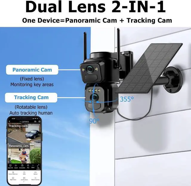 Alt view image 3 of 7 - Uniter Dual Lens Solar Security Cameras Wireless Outdoor,5G/2.4G WiFi 6, Panoramic & Tracking Cam 2-in-1, 6MP Color Night Vision/Motion Detection/Person Tracking/Spotlight Siren/PTZ/2-Way Audio(2Pack)