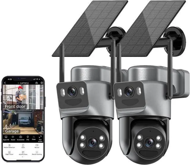 Main image of Kurain Solar Security Cameras Wireless Outdoor, 2.4G/5G WiFi 6, Dual Lens Security Camera with 6MP Color Night Vision/Motion Detection/Human Tracking/Spotlight Siren/2-Way Audio/360°PTZ/Alexa, 2Pcs