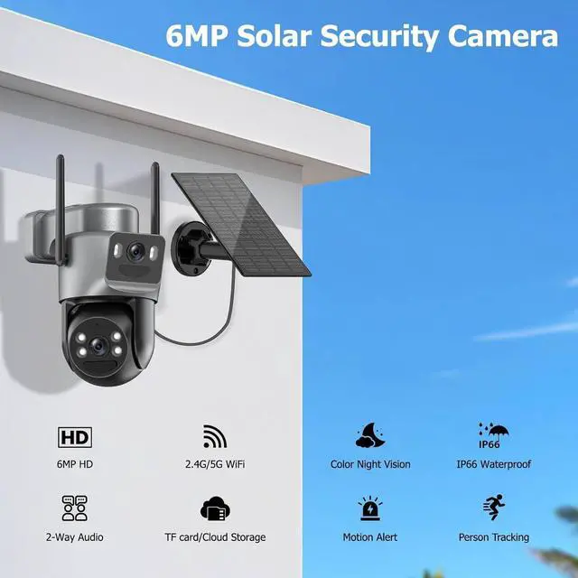 Alt view image 2 of 7 - Kurain Solar Security Cameras Wireless Outdoor, 2.4G/5G WiFi 6, Dual Lens Security Camera with 6MP Color Night Vision/Motion Detection/Human Tracking/Spotlight Siren/2-Way Audio/360°PTZ/Alexa, 2Pcs