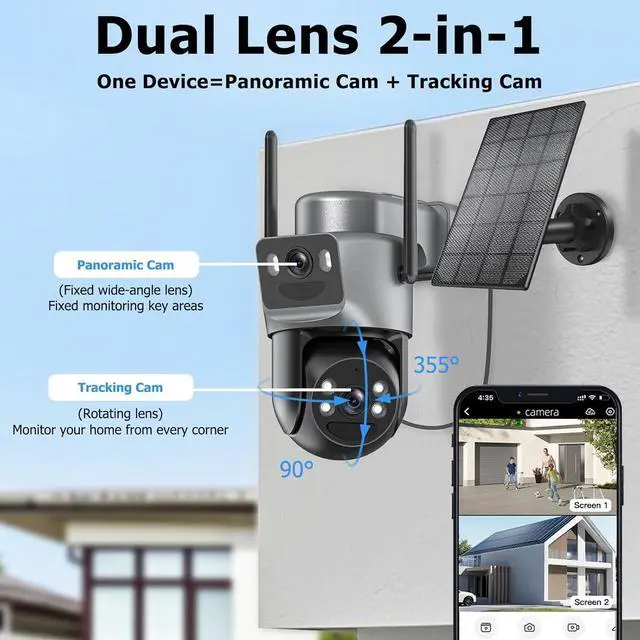 Alt view image 3 of 7 - Kurain Solar Security Cameras Wireless Outdoor, 2.4G/5G WiFi 6, Dual Lens Security Camera with 6MP Color Night Vision/Motion Detection/Human Tracking/Spotlight Siren/2-Way Audio/360°PTZ/Alexa, 2Pcs