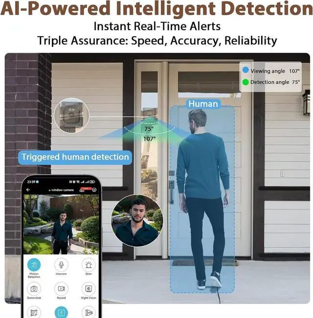 Alt view image 7 of 7 - EVERSECU 2K Window Camera with Adhesive Mount, Starlight Color Night Vision, Motion Detection, 2-Way Audio, 2.4G/5G WiFi, Work with Alexa, Perfect for Front Door, Porch, Backyard Monitoring(4pack)