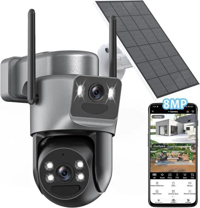 Main image of 4K Solar Security Cameras Wireless Outdoor, 5G/2.4G WiFi 6, Dual Lens 2-in-1 Home Security Camera, Color Night Vision/2-Way Audio/PIR Motion Alarm/360° PTZ/Auto Human Tracking/Waterproof