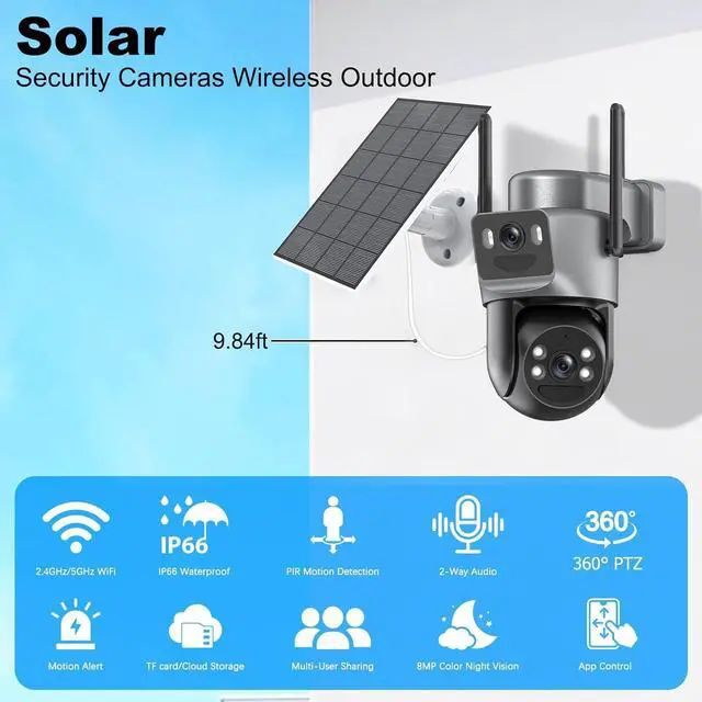 Alt view image 2 of 7 - 4K Solar Security Cameras Wireless Outdoor, 5G/2.4G WiFi 6, Dual Lens 2-in-1 Home Security Camera, Color Night Vision/2-Way Audio/PIR Motion Alarm/360° PTZ/Auto Human Tracking/Waterproof