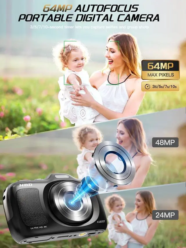 Alt view image 2 of 7 - NBD 64MP Digital Cameras for Photography,4K Point and Shoot Camera,16X Zoom Compact Travel Cameras, Auto Focus Camera for Beginners Teens Kids and Lover Gift,Includes 32GB SD Card (Black)