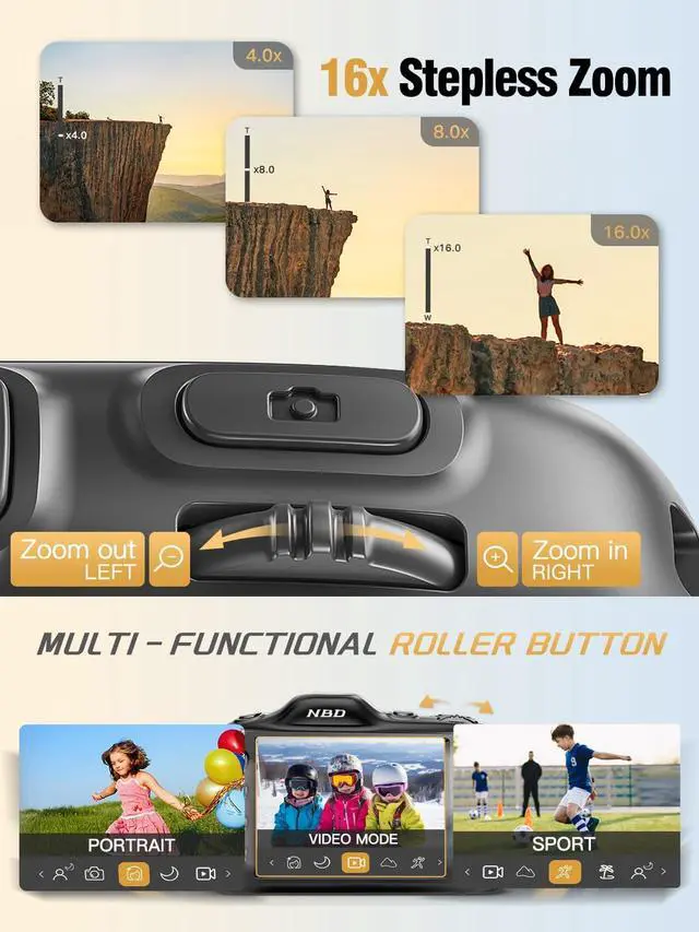 Alt view image 4 of 7 - NBD 64MP Digital Cameras for Photography,4K Point and Shoot Camera,16X Zoom Compact Travel Cameras, Auto Focus Camera for Beginners Teens Kids and Lover Gift,Includes 32GB SD Card (Black)