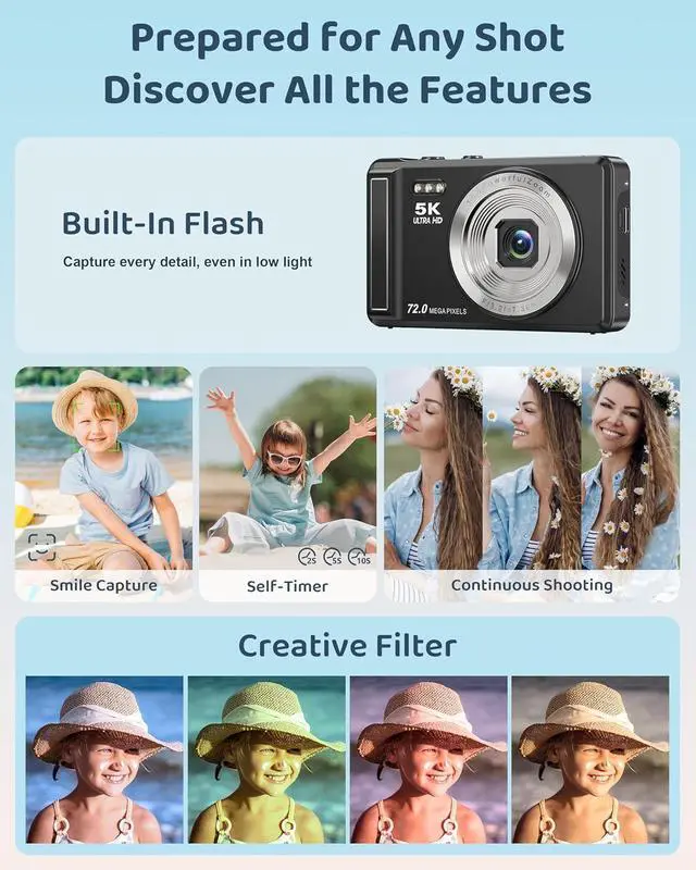 Alt view image 6 of 7 - 5K Digital Camera - 72MP UHD Digital Cameras for Photography - Autofocus Point and Shoot Small Camera with Flash for Kids - 2.8 Inch Screen Compact Portable Vlogging Camara with 16X Zoom, 32GB SD Card
