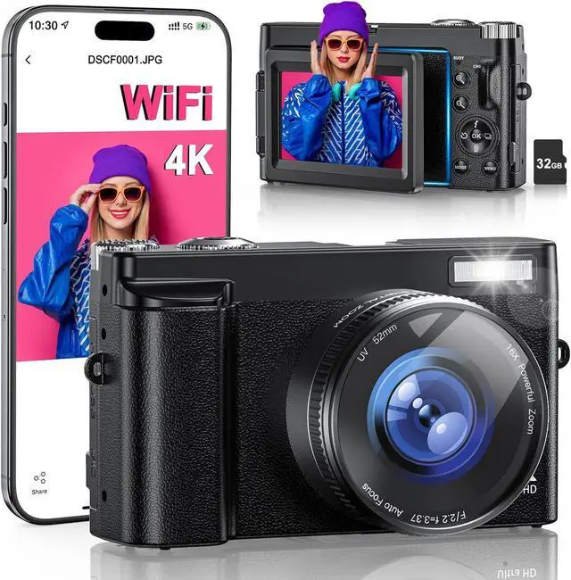 Main image of 4K Digital Camera for Photography, WiFi 64MP 180° Flip Screen 3" Autofocus Vlogging Camera for YouTube, 16X Zoom Compact Point and Shoot Cameras for Beginner with 32GB Card, 2 Batteries