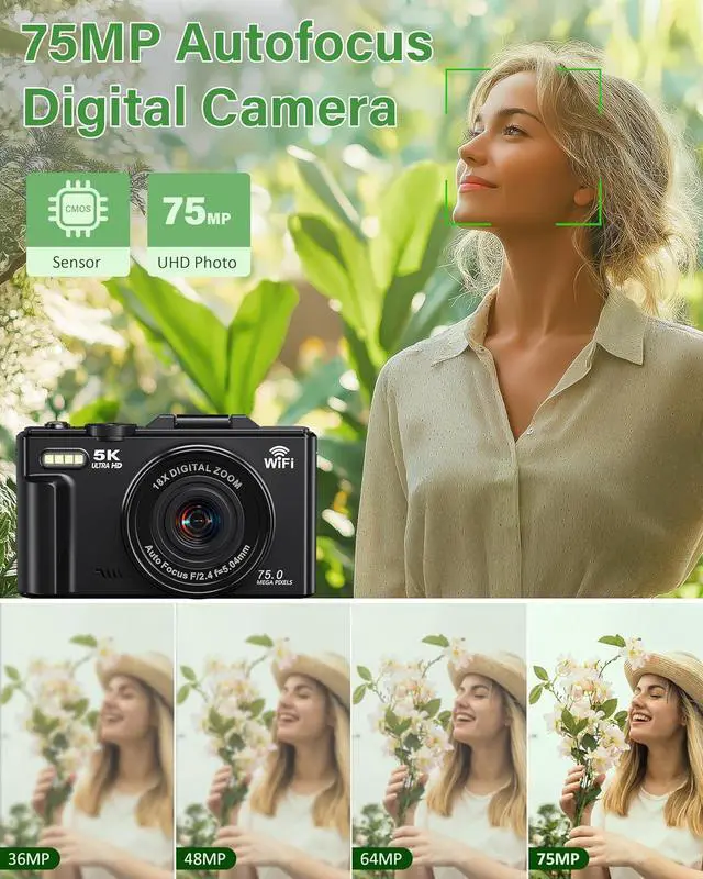 Alt view image 2 of 7 - 5K Digital Camera for Photography, 75MP WiFi Vlogging Camera for YouTube, 18X Zoom UHD Autofocus, 3" 180° Flip Screen, Video Camera with 32GB SD Card & 2 Batteries