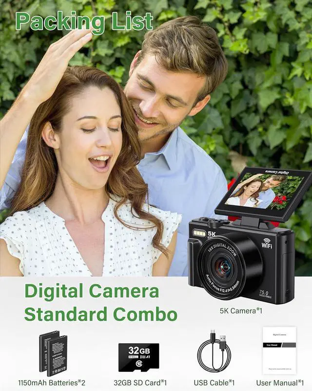 Alt view image 7 of 7 - 5K Digital Camera for Photography, 75MP WiFi Vlogging Camera for YouTube, 18X Zoom UHD Autofocus, 3" 180° Flip Screen, Video Camera with 32GB SD Card & 2 Batteries