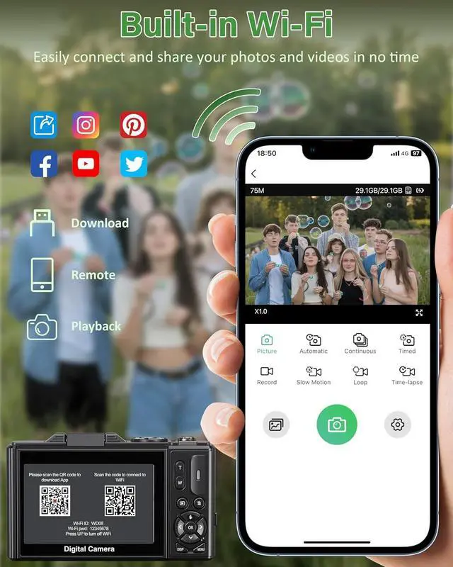 Alt view image 5 of 7 - 5K Digital Camera for Photography, 75MP WiFi Vlogging Camera for YouTube, 18X Zoom UHD Autofocus, 3" 180° Flip Screen, Video Camera with 32GB SD Card & 2 Batteries