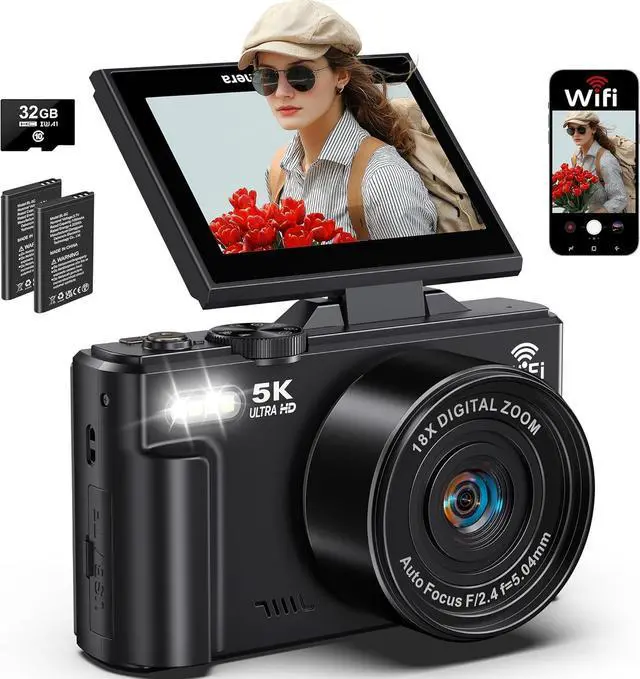 Main image of 5K Digital Camera for Photography, 75MP WiFi Vlogging Camera for YouTube, 18X Zoom UHD Autofocus, 3" 180° Flip Screen, Video Camera with 32GB SD Card & 2 Batteries