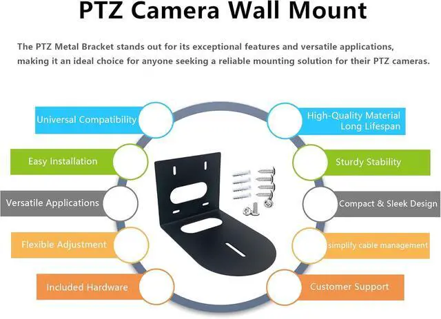 Alt view image 2 of 5 - PTZ Camera Wall Mount Bracket - Heavy-Duty Solid Metal Universal Mount for All PTZ Cameras, Includes Mounting Screws, Adjustable Compact Space-Saving Design (Black)