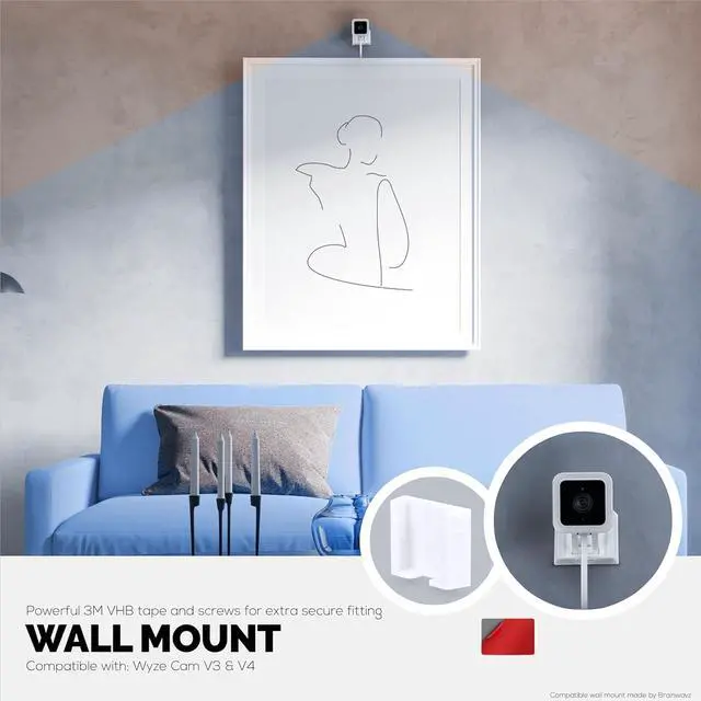 Alt view image 4 of 7 - BRAINWAVZ 3 Pack Wall Mount for Wyze Cam V3 & V4, Adhesive VHB Stick On - Easy to Install, No Tools Needed, No Mess, No Drilling, Strong Adhesive Mount, White