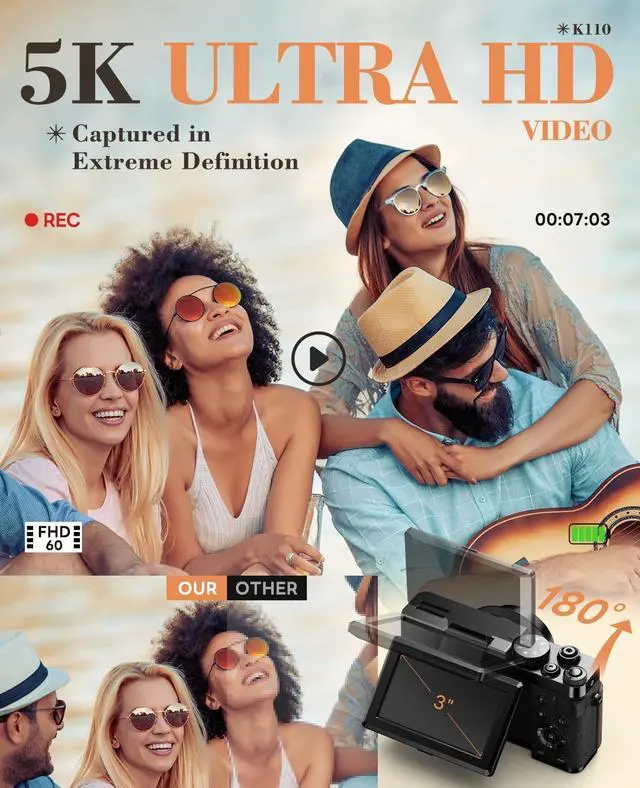 Alt view image 2 of 7 - 64MP Digital Cameras for Photography 5K - 18X Zoom Autofocus, 3 180° Screen Flips, Anti-Shake, 32GB Card & 2 Batteries, Compact Vlogging Camera for Travel YouTube (Black)