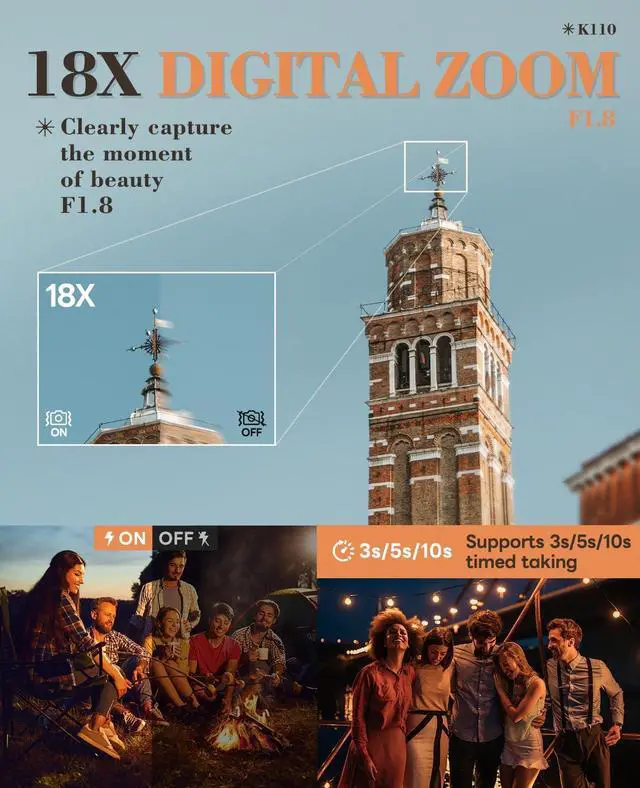 Alt view image 4 of 7 - 64MP Digital Cameras for Photography 5K - 18X Zoom Autofocus, 3 180° Screen Flips, Anti-Shake, 32GB Card & 2 Batteries, Compact Vlogging Camera for Travel YouTube (Black)