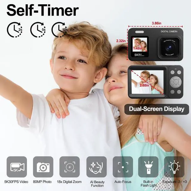 Alt view image 2 of 7 - Upgraded 5K Dual Screen Digital Camera,80MP Vlog Photography Camera for YouTube,Campus,Travel,Compact Point & Shoot Camera for Teens & Beginners with Autofocus,18x Zoom,Anti-Shake,Black