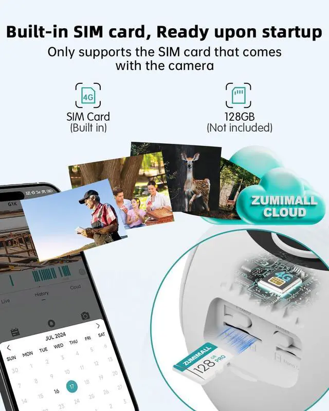 Alt view image 6 of 7 - ZUMIMALL 4G LTE Cellular Security Camera, No WiFi Outdoor Camera Wireless, Solar Powered Off Grid Cameras, 360° Live View, 2K Color Night Vision, PIR Motion Sensor, 2 Way Talk, Built in SIM Card