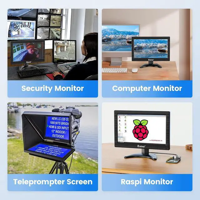 Alt view image 5 of 7 - Eyoyo 12 Inch Monitor 1366x768 Small TV Monitor with HDMI VGA BNC AV Ports 16:9 Mini Display for Computer PC RasPi Laptop CCTV Security Analog Camera