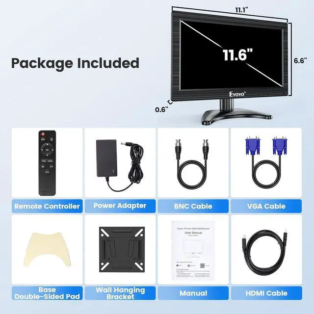 Alt view image 7 of 7 - Eyoyo 12 Inch Monitor 1366x768 Small TV Monitor with HDMI VGA BNC AV Ports 16:9 Mini Display for Computer PC RasPi Laptop CCTV Security Analog Camera