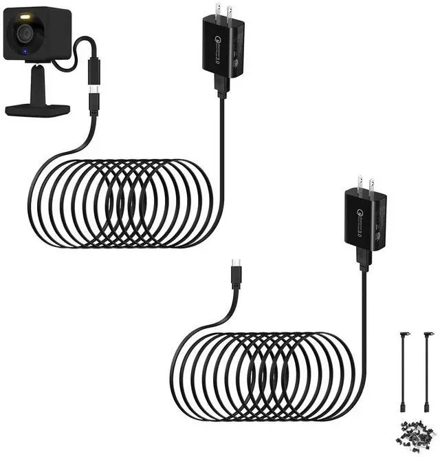 Main image of 2-Pack 30ft Power Cable for Wyze Cam v4,Wyze Cam Pan v3,Wyze OG,Wyze Cam v3 Pro Security Cameras - 9m Long Flat Extension Micro USB Charging Cord with L-Shaped Short Adapter & 18W Fast Charger, Black