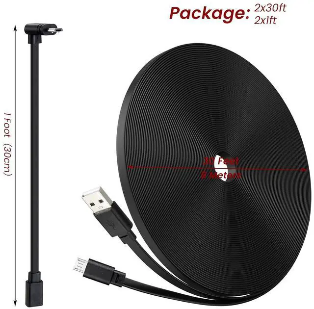 Alt view image 7 of 7 - 2-Pack 30ft Power Cable for Wyze Cam v4,Wyze Cam Pan v3,Wyze OG,Wyze Cam v3 Pro Security Cameras - 9m Long Flat Extension Micro USB Charging Cord with L-Shaped Short Adapter & 18W Fast Charger, Black