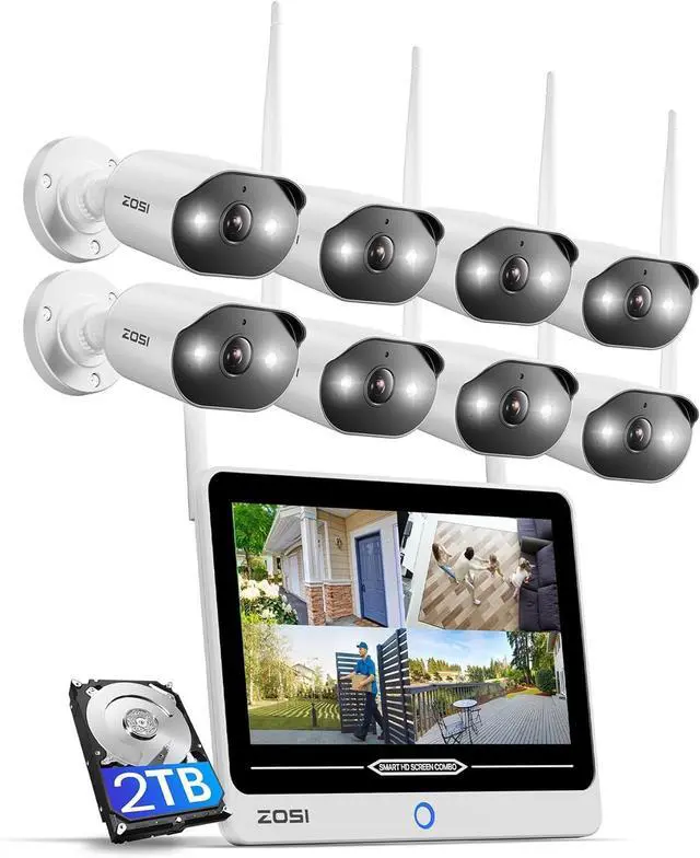 Main image of ZOSI 8CH 2K Wi-Fi 6 Security Camera System with 12" LCD Monitor,8pcs 3MP Home Plug-in WiFi Cameras Outdoor,AI Person Detection,Spotlight Color Night Vision,2-Way Audio,2TB HDD for 24/7 Recording