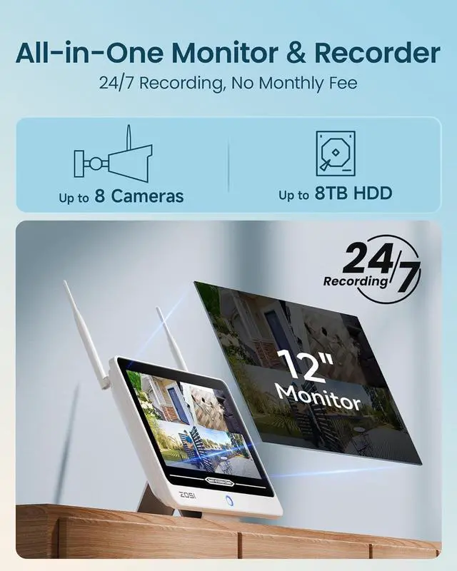 Alt view image 2 of 7 - ZOSI 8CH 2K Wi-Fi 6 Security Camera System with 12" LCD Monitor,8pcs 3MP Home Plug-in WiFi Cameras Outdoor,AI Person Detection,Spotlight Color Night Vision,2-Way Audio,2TB HDD for 24/7 Recording