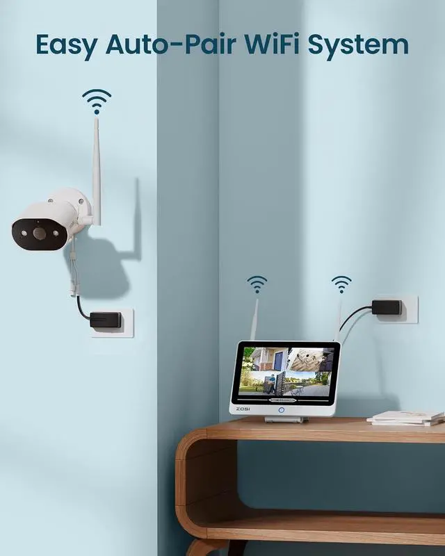 Alt view image 3 of 7 - ZOSI 8CH 2K Wi-Fi 6 Security Camera System with 12" LCD Monitor,8pcs 3MP Home Plug-in WiFi Cameras Outdoor,AI Person Detection,Spotlight Color Night Vision,2-Way Audio,2TB HDD for 24/7 Recording