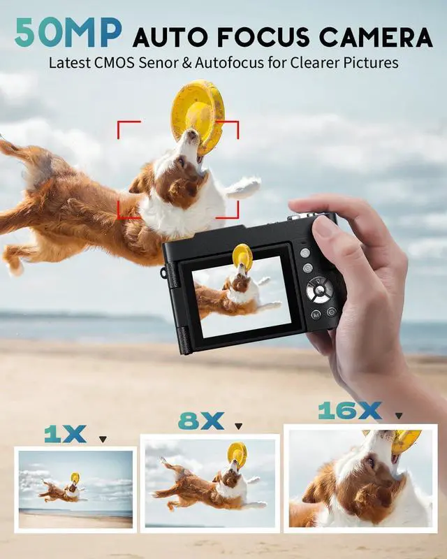 Alt view image 3 of 7 - 4K Digital Camera for Photography, 50MP Vlogging Camera for YouTube, Compact Cameras with 2.8" 180° Flip Screen, 16X Digital Zoom, Point and Shoot Camera with 32GB SD for Beginners, Travel, Family